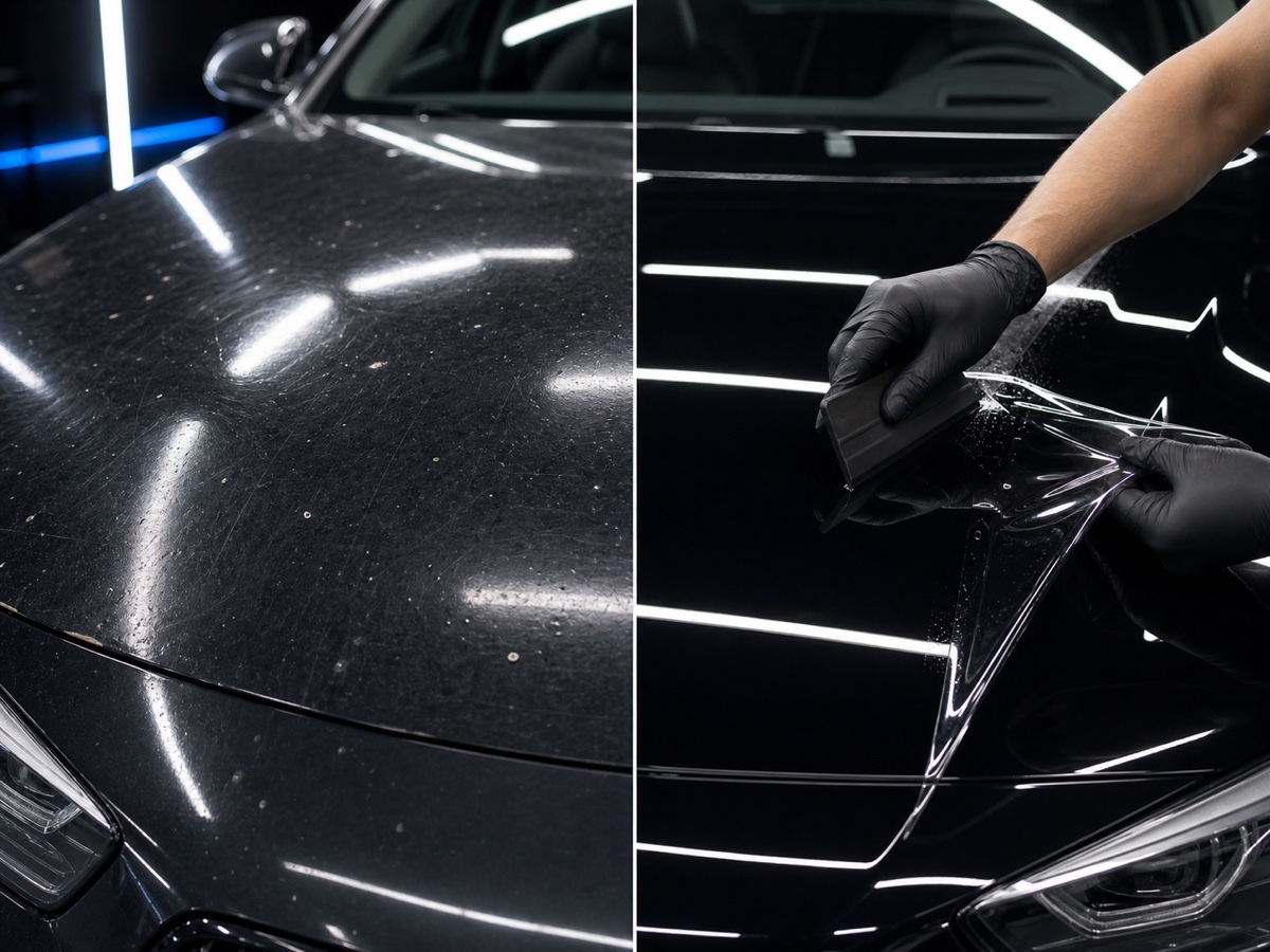Before and after comparison of paint wear and glossy paint protection film installation